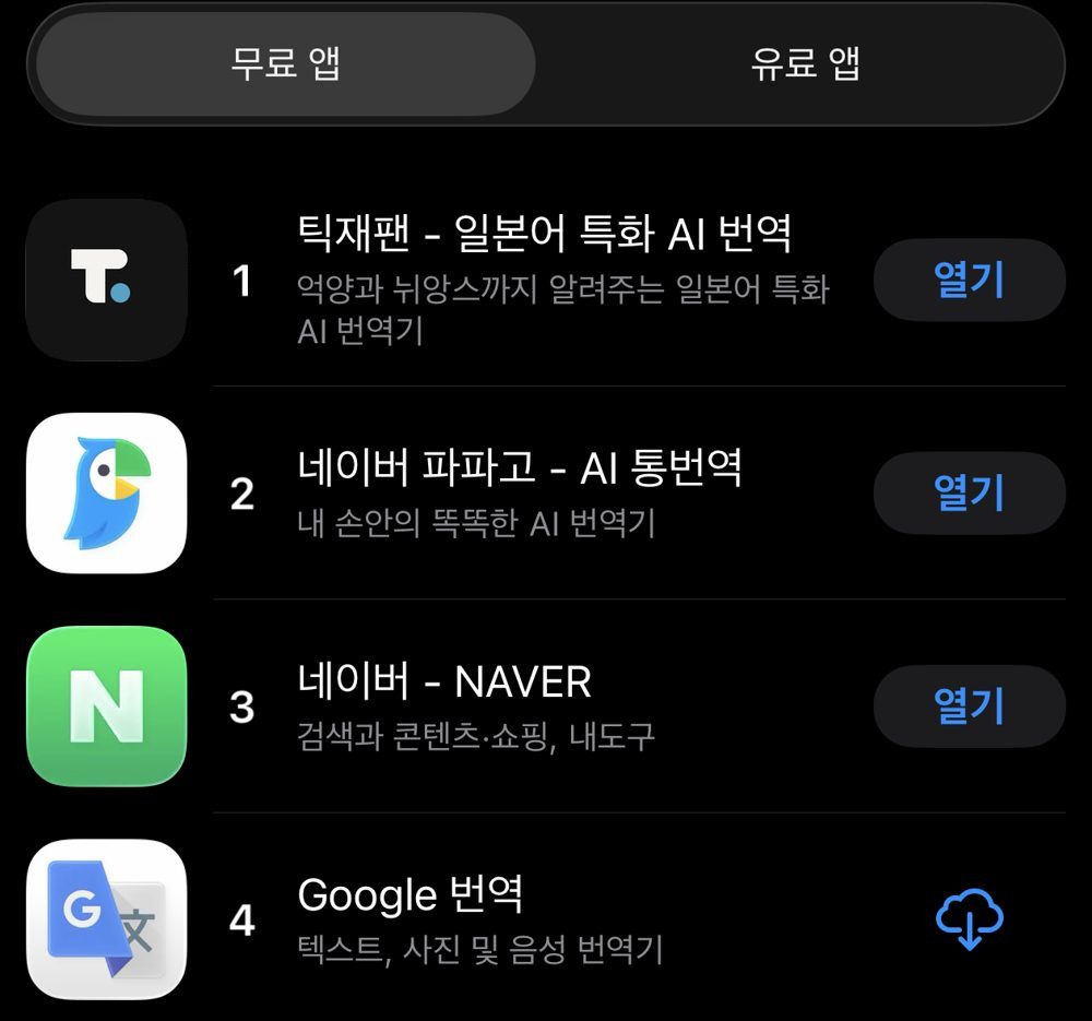 앱스토어 참고 카테고리 순위 화면. 1위 틱재팬, 2위 네이버 파파고